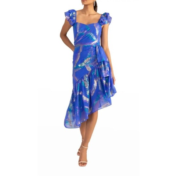 SHOSHANNA Midnight Neva Dress 10 Blue Metallic Ruffled Righteous Gemstones ASOTV - Picture 1 of 11